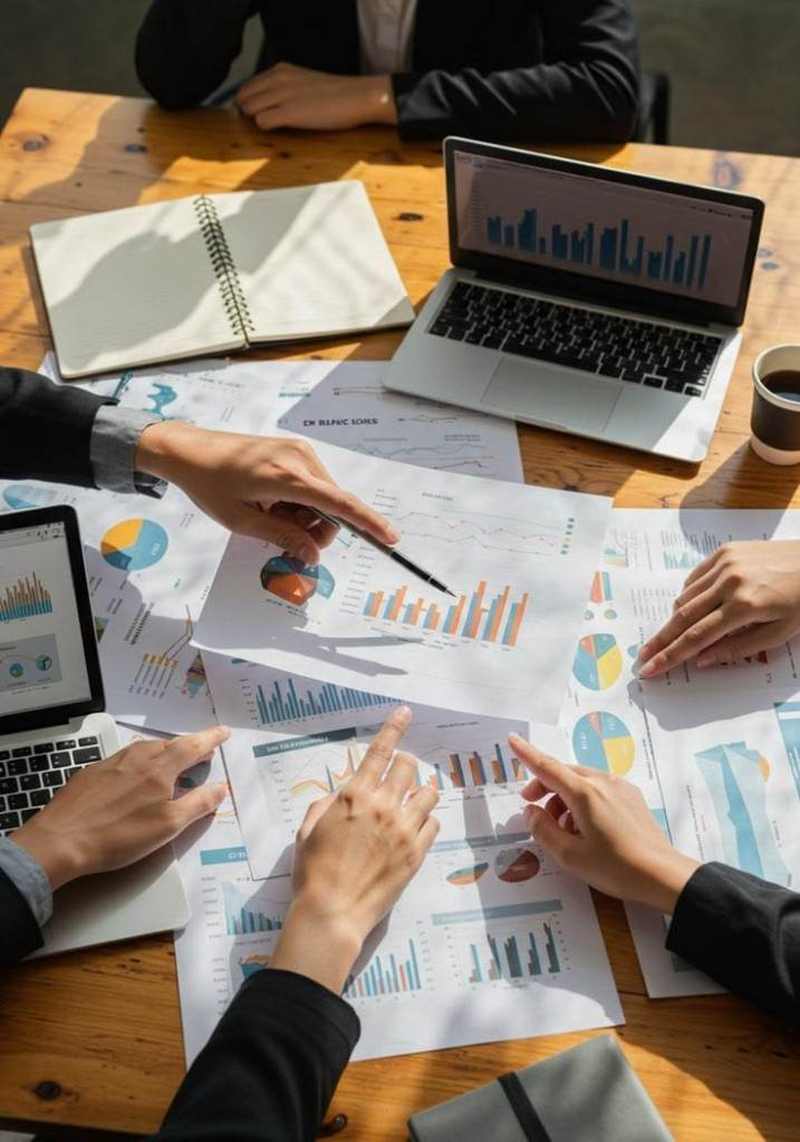A team reviewing performance reports and charts around a meeting table
